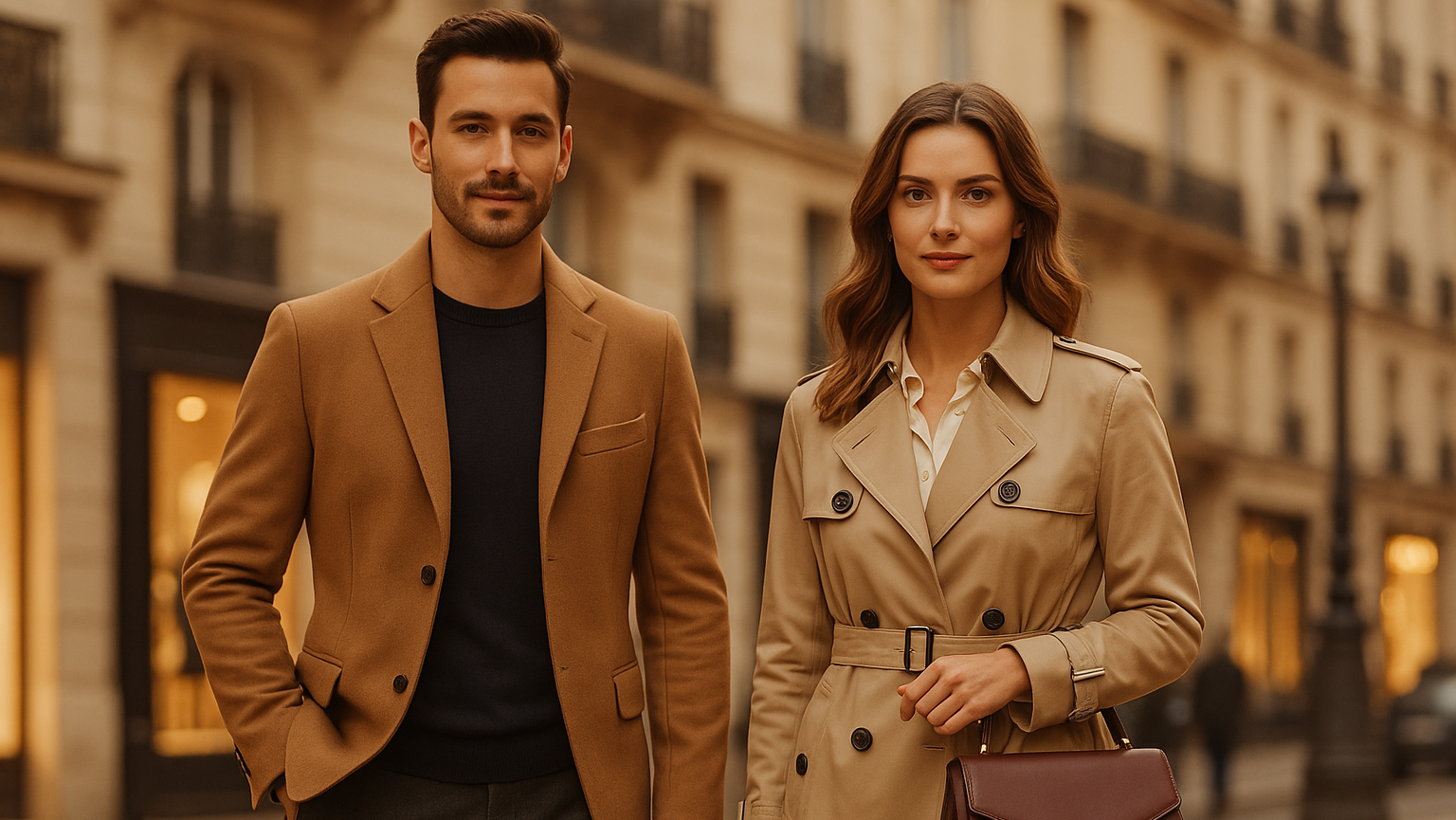 Man and woman in trench coats walking on a city street