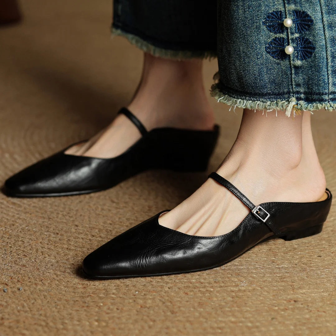 Low-Heel Leather Mary-Jane Mule