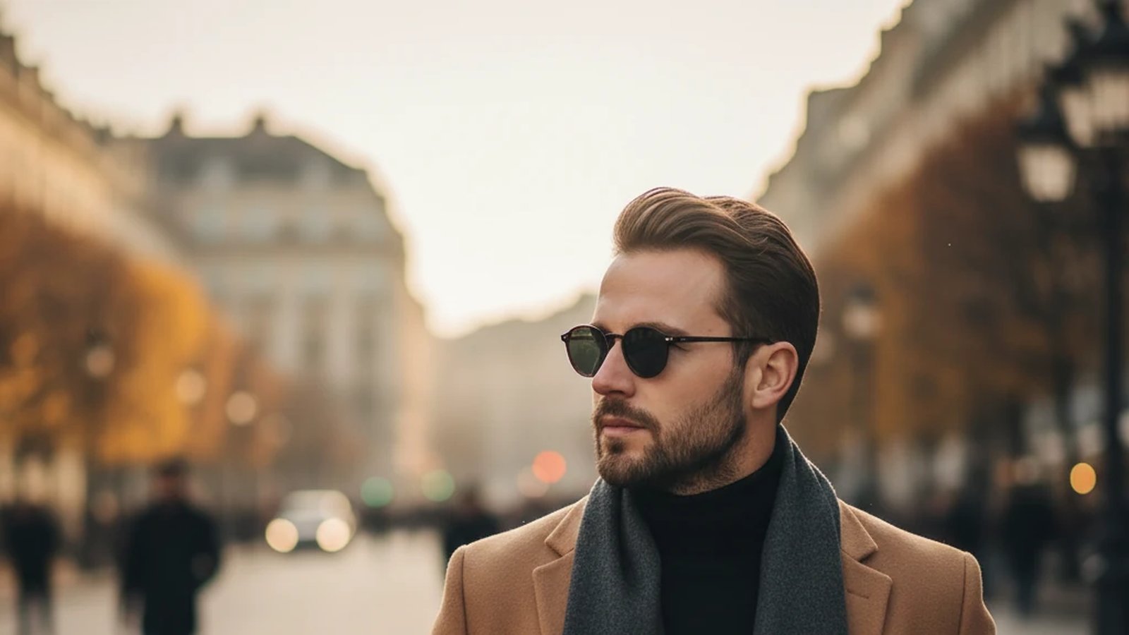 Man wearing sunglasses and a coat in an urban setting